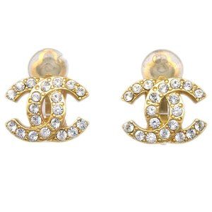 Chanel CC Rhinestone Earrings Clip-On Gold 02A